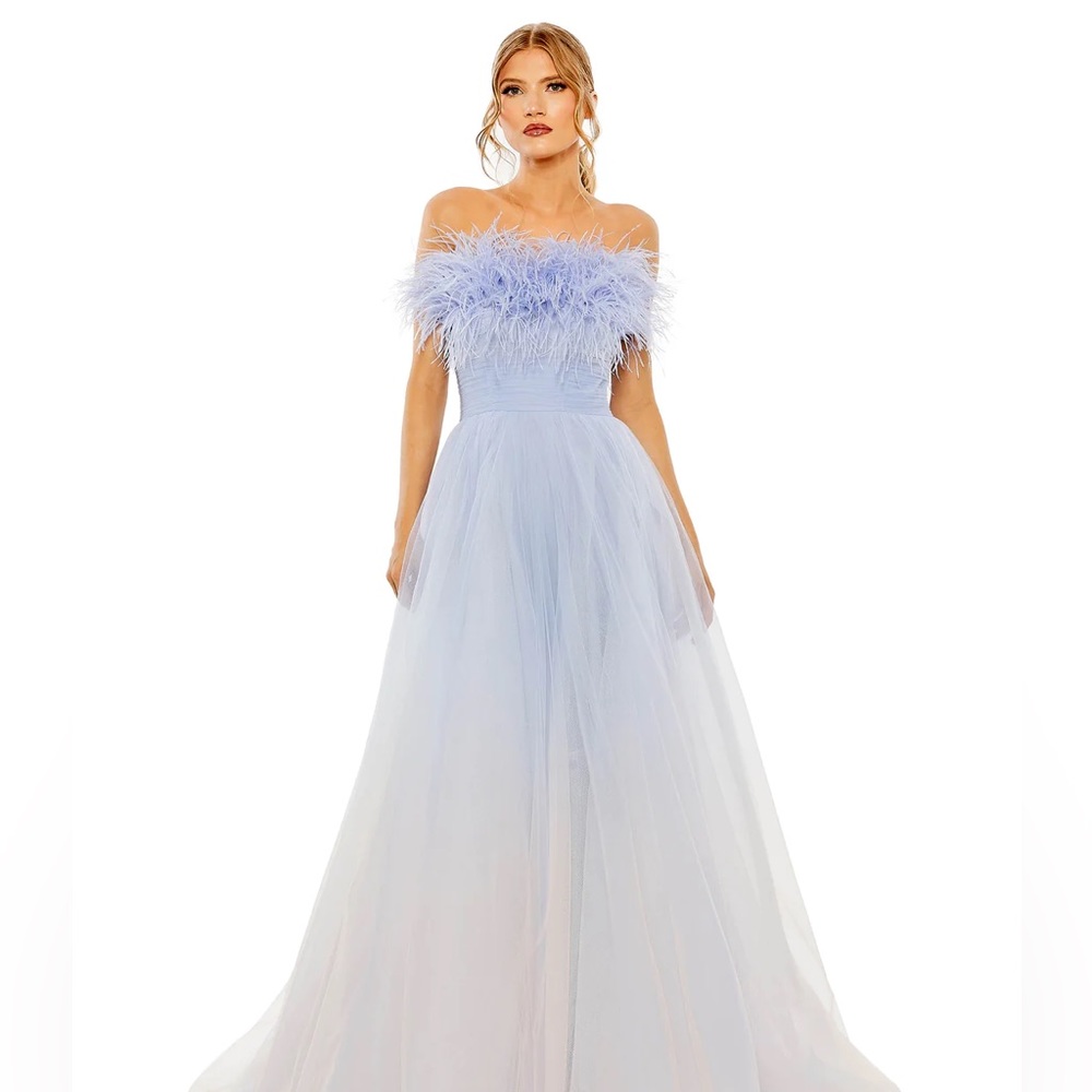 Mac Duggal Strapless Ombré Tulle Gown With Feather Accents